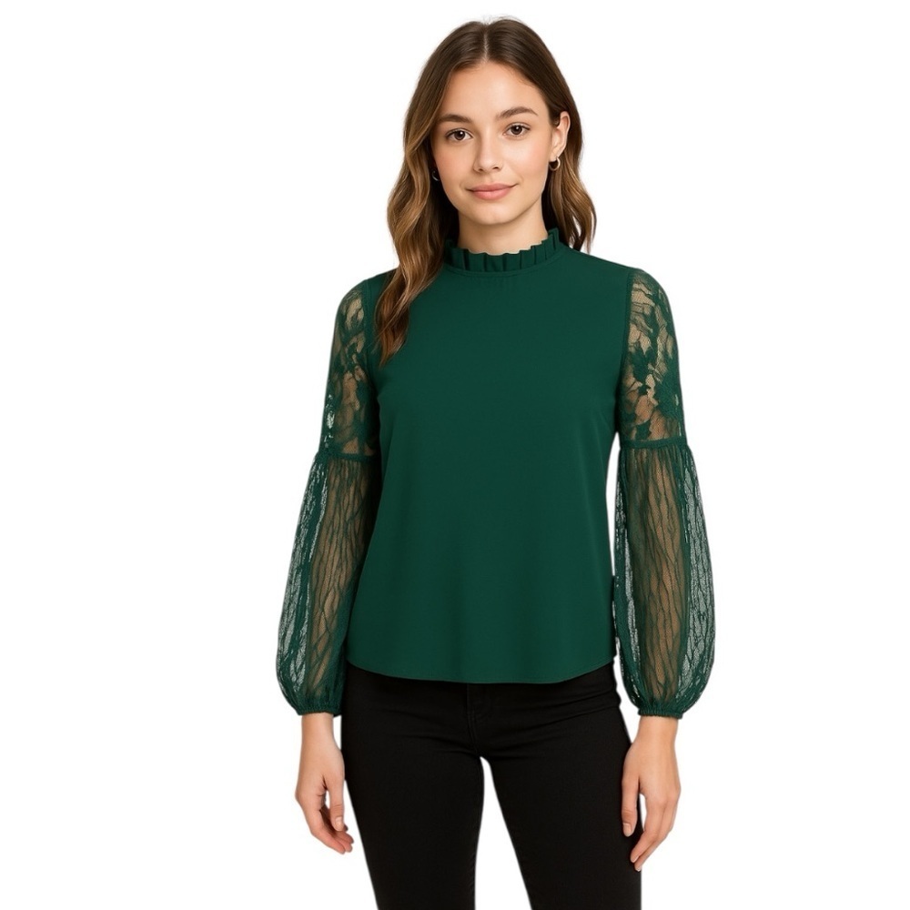 Shein Green Academia Sheer Lace Statement Sleeve Mock Neck Blouse Size M